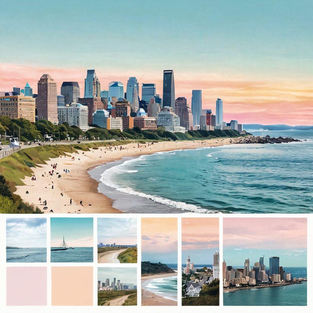 A cozy digital diary layout featuring snapshots of New Jersey's stunning landscapes, like the coastline and city skyline, intertwined with moments of personal reflections and memories. Include elements such as colorful sticky notes, sketches of local landmarks, and a cup of coffee to evoke a warm, inspirational vibe. The background should have soft pastel shades to create a calm atmosphere. vector art. vibrant colors.