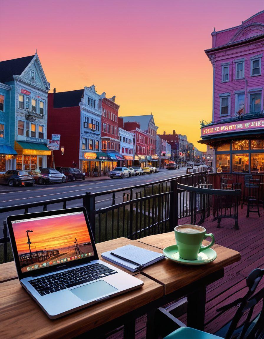 A picturesque digital landscape showcasing the essence of blogging in New Jersey, featuring a charming coffee shop with a writer at a laptop, surrounded by iconic NJ landmarks, such as the Atlantic City boardwalk and lush state parks. A vibrant sunset in the background casts a warm glow, symbolizing creativity and inspiration. Overlay subtle art elements like sketches of blog posts and digital tools. super-realistic. vibrant colors. eclectic style.